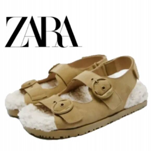 Zara Brown Leather Buckled Flat Sandals Shoes - Picture 1 of 11